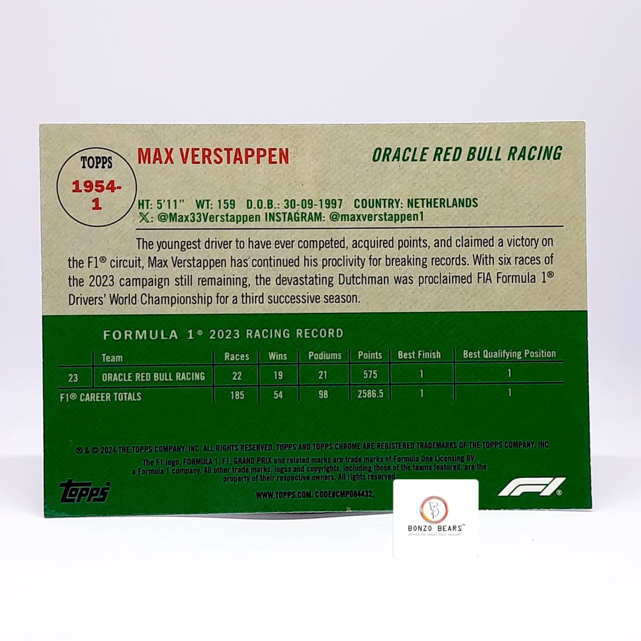 Max Verstappen 1954-1Topps ( Refractor insert card) - 2024 Topps Chrome Formula 1 #1954-1