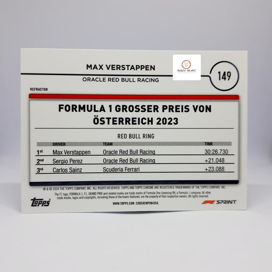 Max Verstappen wearing Helmet Refractor #149 Austrian Grand Prix Oracele Red Bull Racing - 2024 Topps Chrome Formula 1 Card