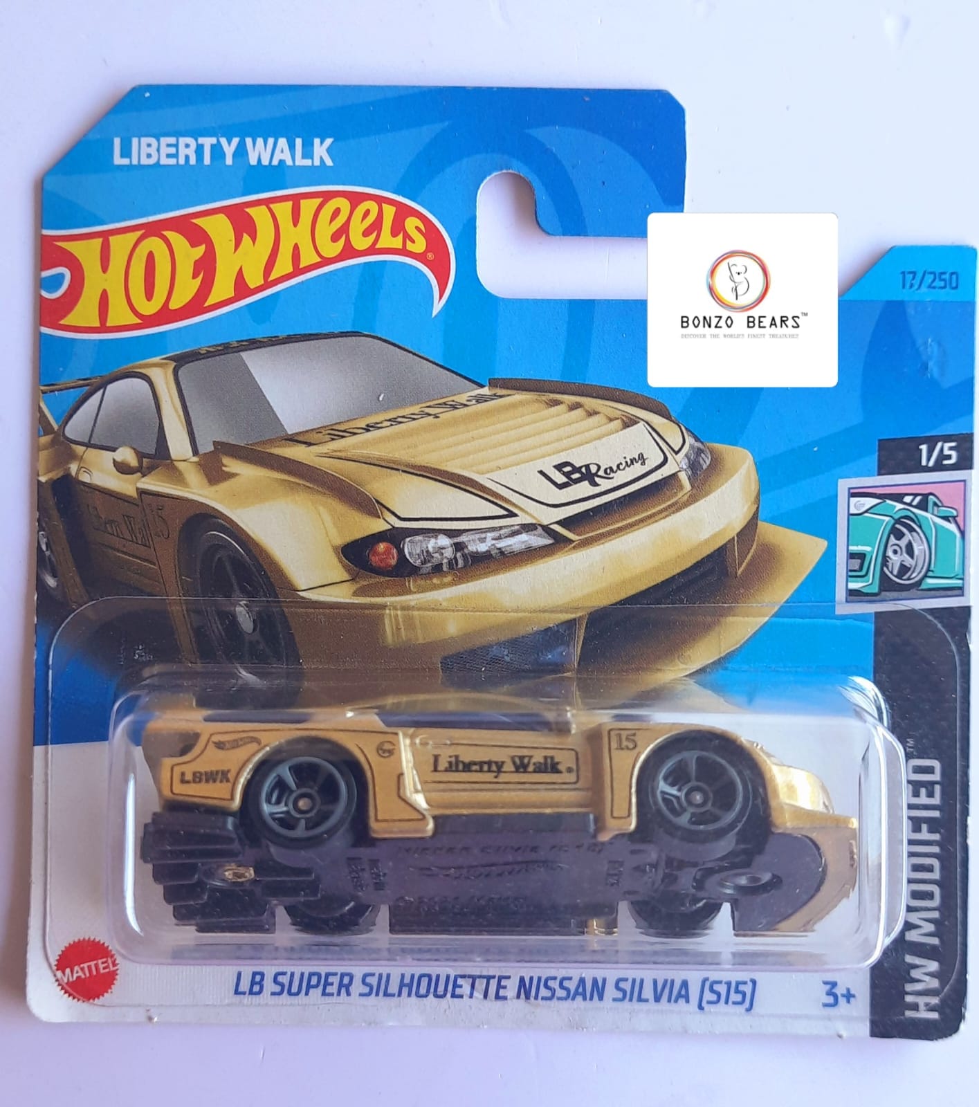 Gold LBWK Super Silhouette Nissan Silvia (S15) - Hot Wheels (European Short Card) | Bonzo Bears PB61