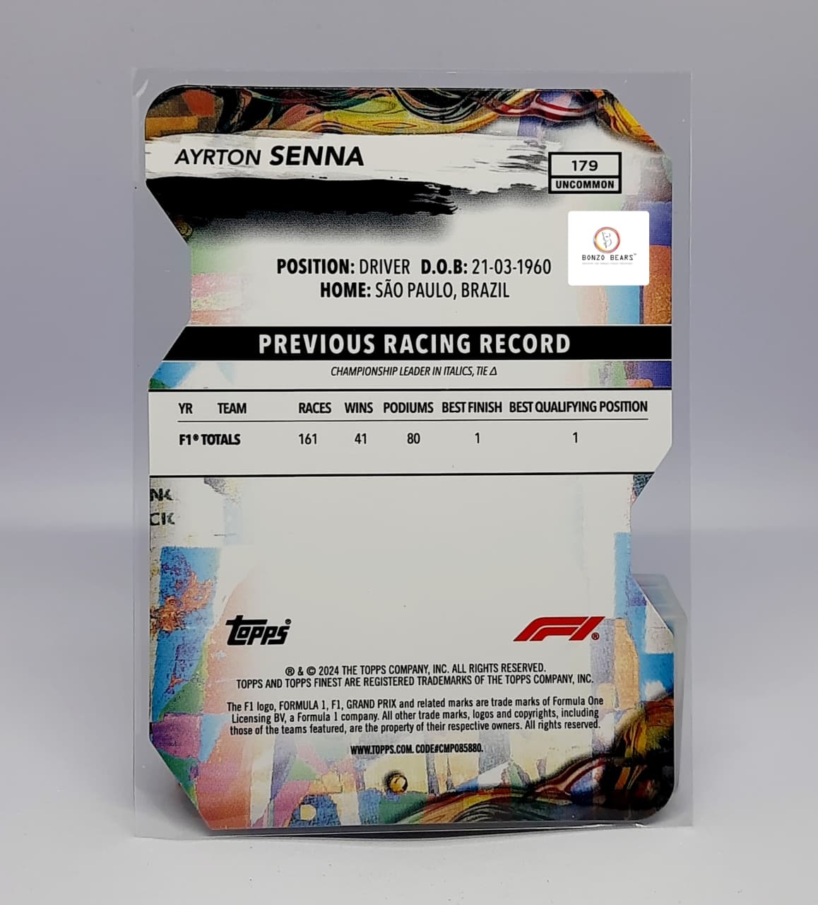 Ayrton Senna Uncommon Die-Cut 11/75(Limited to 75 Prints World Wide) #179 Green -Blue - Gold Refractor - 2024 Topps Finest Formula 1 | Bomzo Bears