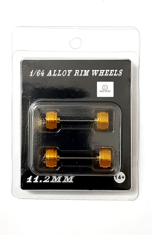 Alloy Wheels with Brake Disc Gold Rim/Gold Chrome 6 spoke 11.2mm/28mm for 1/64 Car with extra set of Axles (28mm)