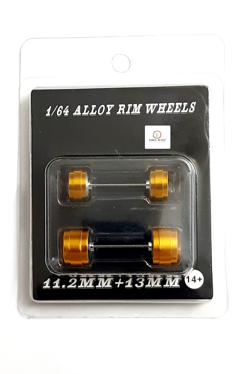 Alloy Wheels with Brake Disc Gold Rim/Silver Chrome star 5 spoke 11.2mm & 13mm/28mm for 1/64 Car with extra set of Axles (28mm)