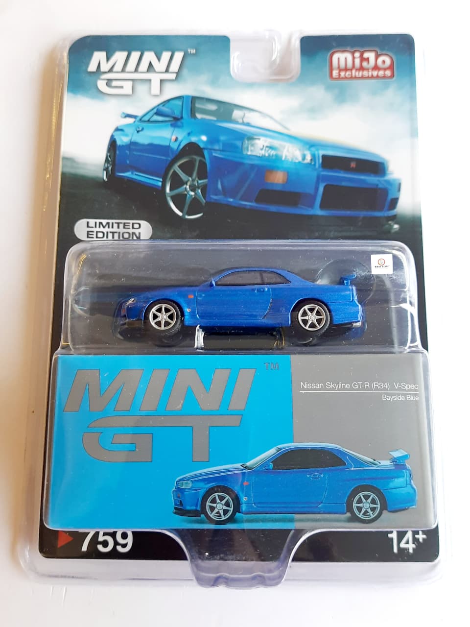 Nissan Skyline GT-R (R34) - Mini GT - Limited Edition Mijo Exclusive - Bayside Blue #759