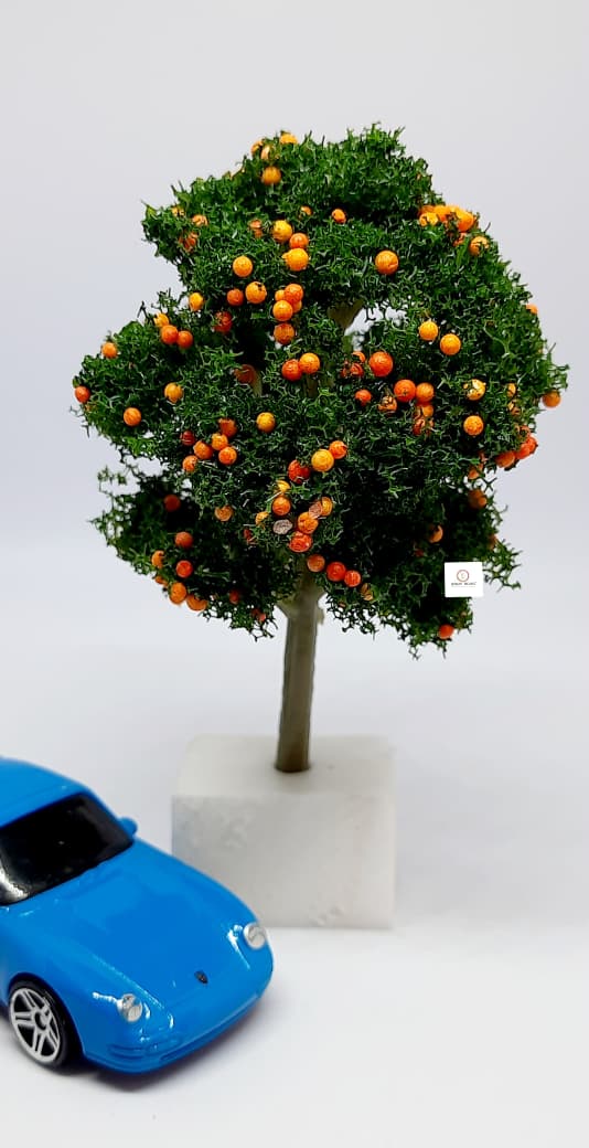 Miniature Artificial Orange Fruit Tree (8cm) - Diorama Accessory (Car and Figure not included)