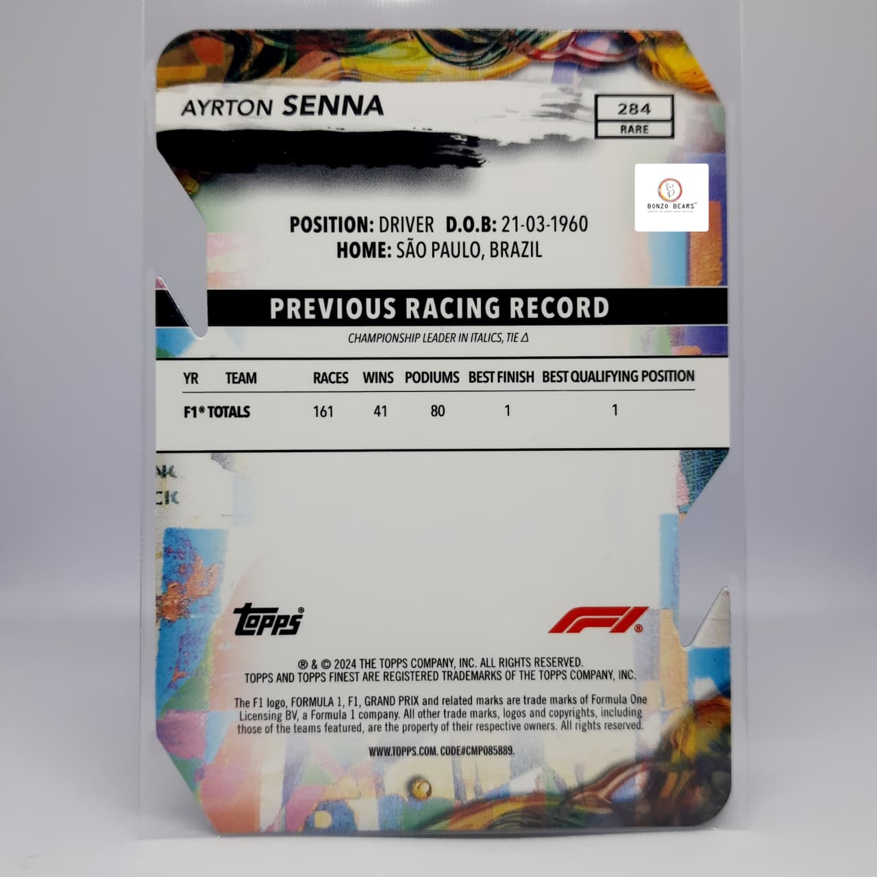 AYRTON SENNA #284 Rare Die Cut 33/40( Limited to 40 prints world Wide )2024 Topps Finest F1| Bonzo Bears