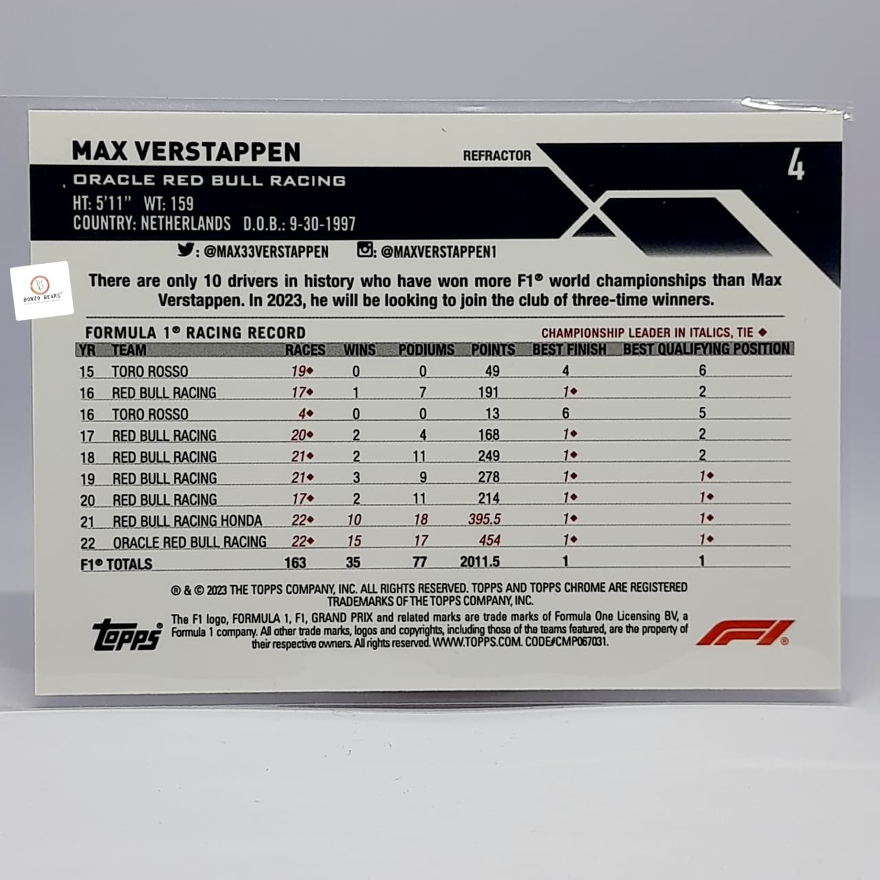 2023 Topps Chrome - Formula 1 F1 Drivers #4 Max Verstappen (Refractor)