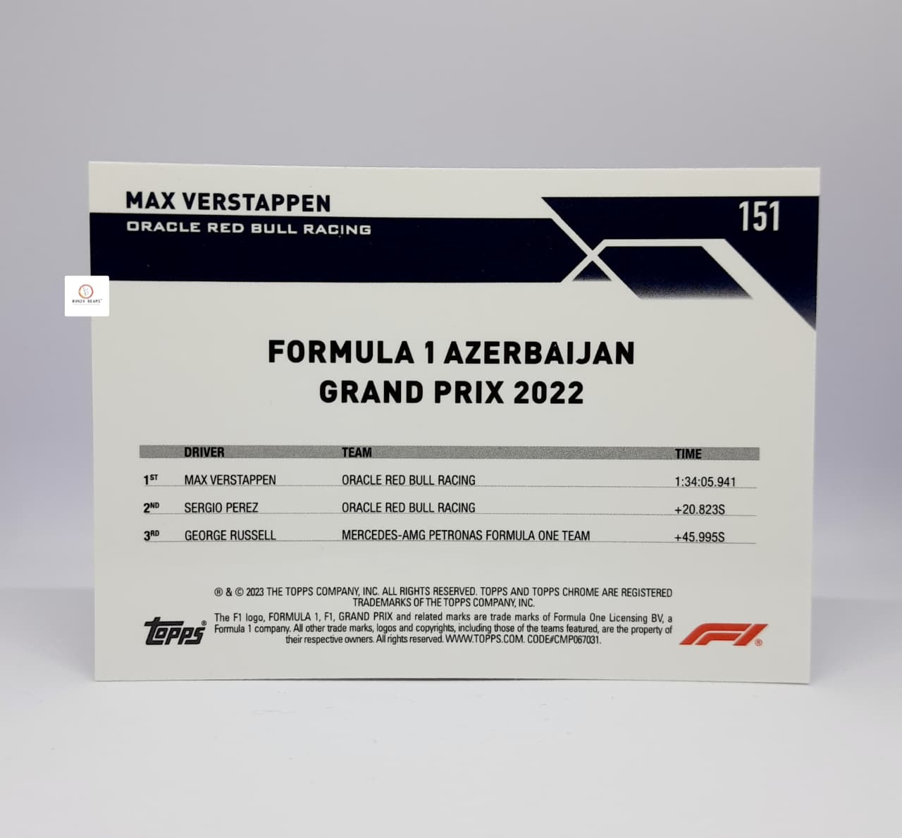 2023 Tops Chrome Formula1 F1 Max vestappan#151 - Orange insert card #151