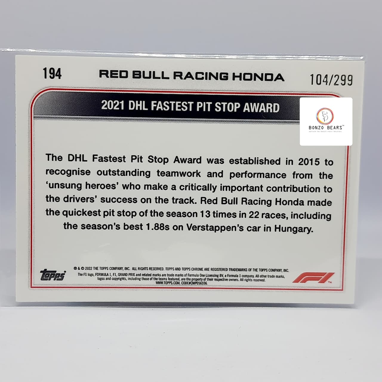 Red Bull Racing Max vestappan - Numbered Mini Diamond editon 104/299 - - 2022 Topps Chrome F1 Award Winners#194 | Bonzo Bears
