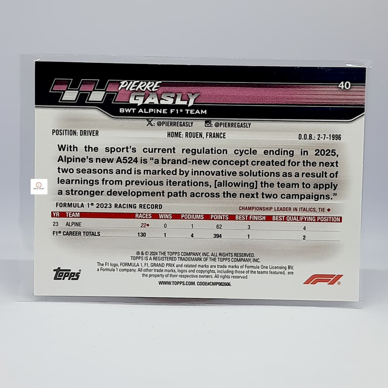 Pierre Gasly 2024 Topps Formula 1 Paddock Pass Red Foil #40 Insert card