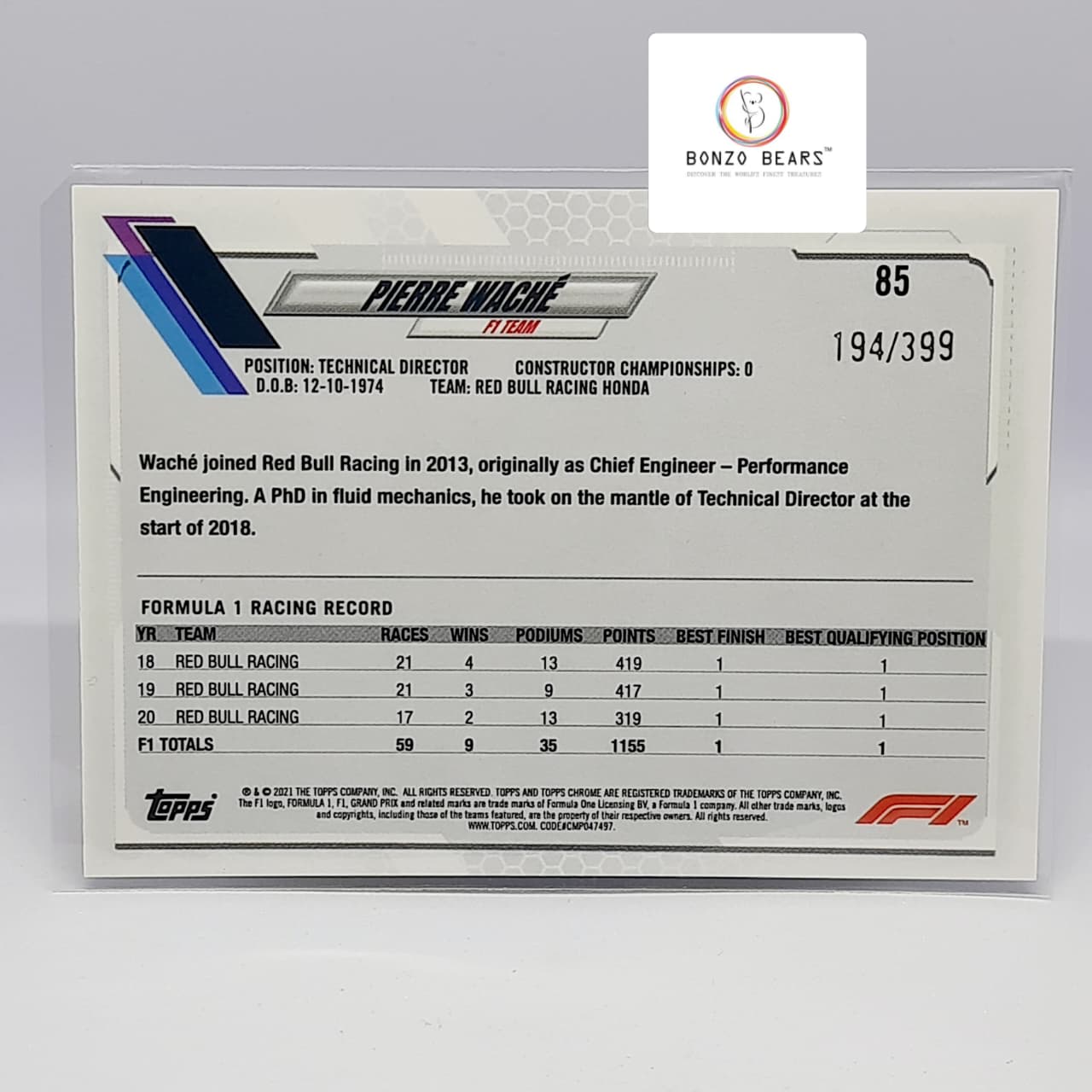 Pierre Wache(Technical Director at Red Bull Racing) 2021 Topps Chrome Formula 1 Purple Refractor(194/399 )#85| Bonzo Bears