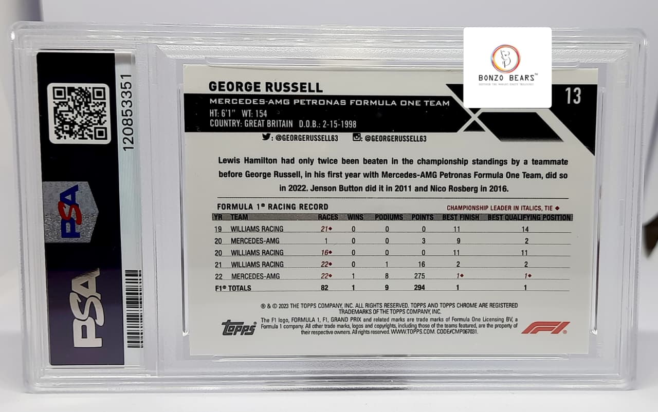 George Russell 2023 Purple / Green Refractor Topps Chrome #13 F1 PSA Graded 8 | Bonzo Bears