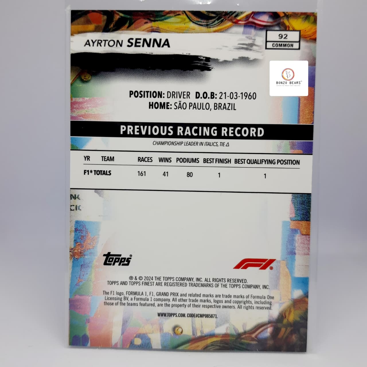 AYRTON SENNA #92 Common- Numbered 106/200(200 copies world wide)- 2024 Topps Finest F1 | Bonzo Bears