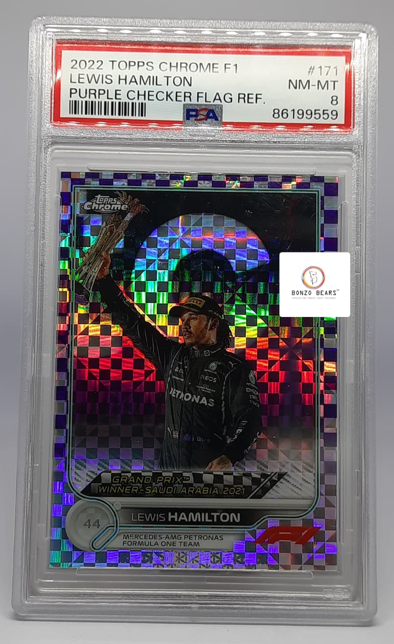 Lewis Hamilton 2022 Topps Chrome F1 Purple Checker Flag Refractor 82/199 PSA GRADED 8๐ | Bonzo Bears