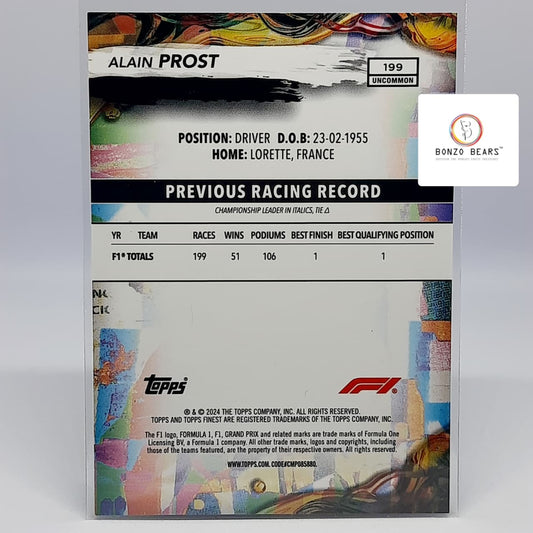 Alain Prost (Numbered ) -2024 Topps Finest Formula 1 F1 - Uncommon Blue Refractor 082/150 #199 | Bonzo Bears