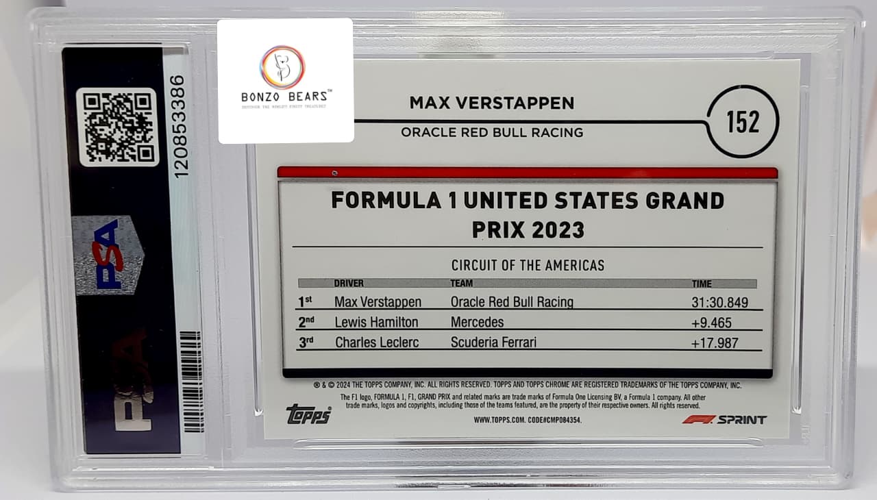 Max Verstappen (Numbered & Graded) – 2024 Topps Chrome F1 Aqua Sapphire 75/99 #152 | PSA 6 | Bonzo Bears