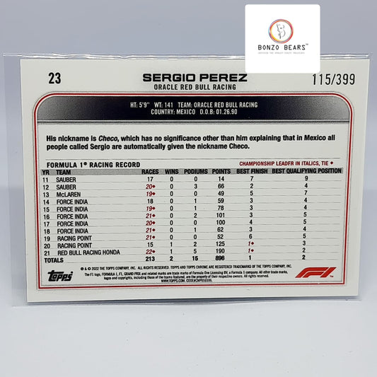 Sergio Perez -2022 Topps Chrome Formula 1 F1 Purple Refractor( 115/399 )#23| Bonzo Bears