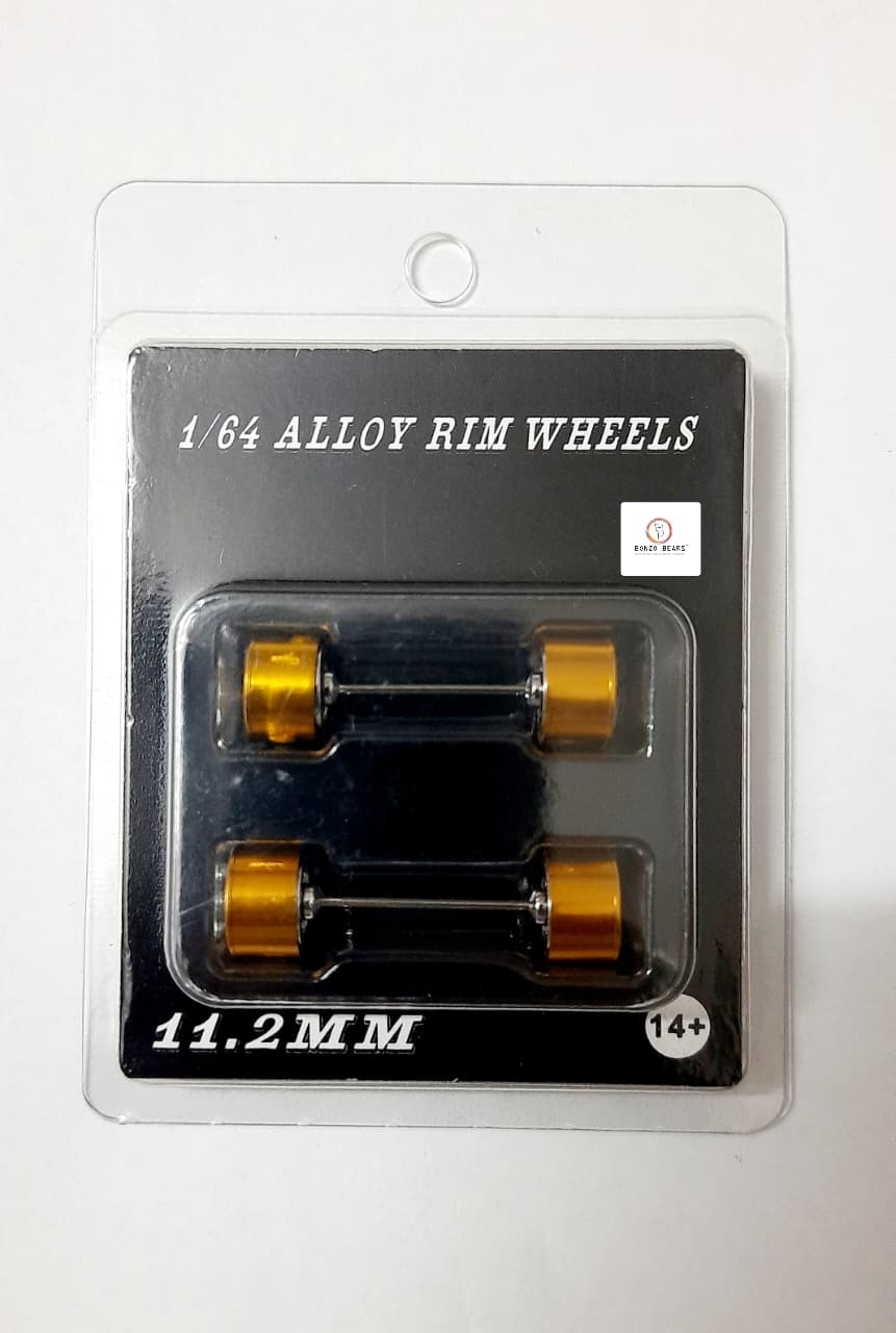 Alloy Wheels Gold Rim/Chrome 11.2mm/28mm for 1/64 Car with extra set of Axles (28mm)