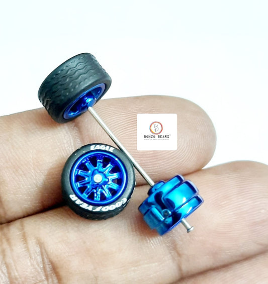 Rubber Tyre - 10mm Blue Rim 10 Spoke with Goodyear Eagle, 30mm Axle Cv2