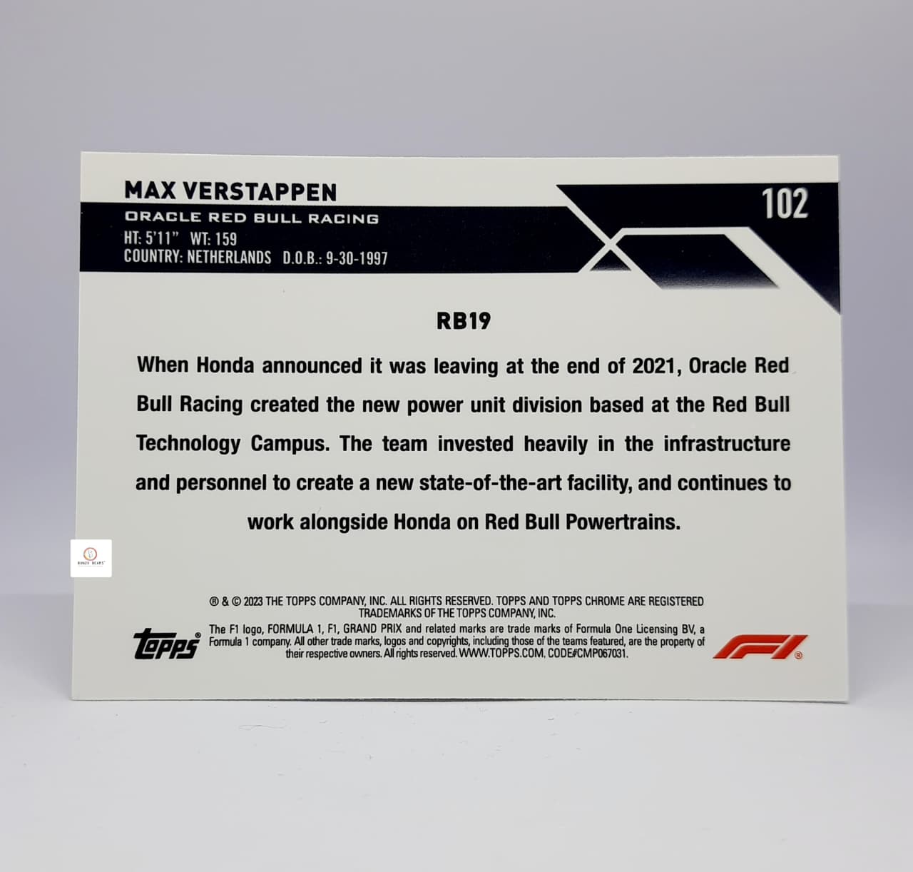 2023 Topps Chrome Formula 1 – Max Verstappen #102 RB19 Base Card | Bonzo Bears