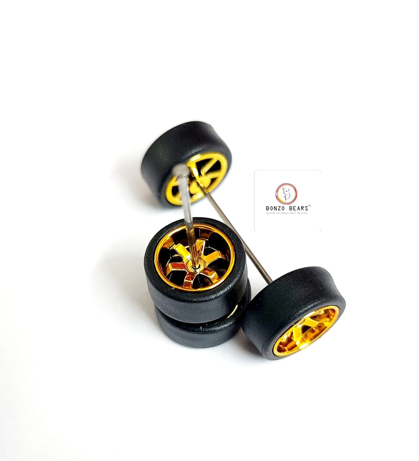 Rubber Tyre - 10mm Gold Rim 6 Spoke - 28mm Axle, Cv5