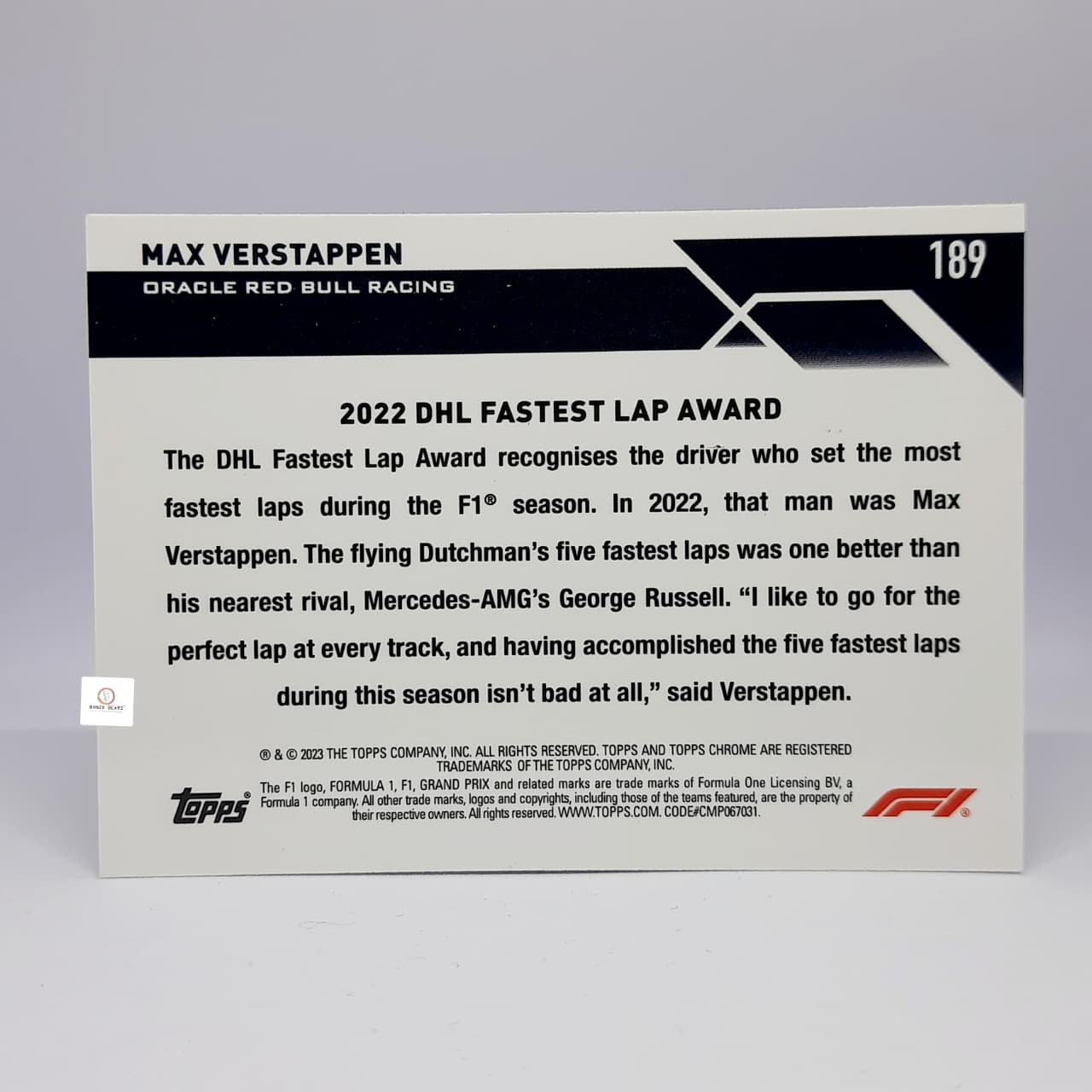 2023 Topps Chrome Formula 1 F1 Max Verstappen No1 Car Base card #189