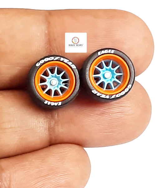 Rubber Tyre - 10mm Gulf Orange Rim/Blue Multispoke with Goodyear Eagle - 28mm Axle, Cv6