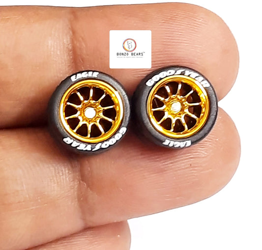Rubber Tyre - 10mm Gold Rim Multispoke with Goodyear Eagle - 28mm Axle, Cv6