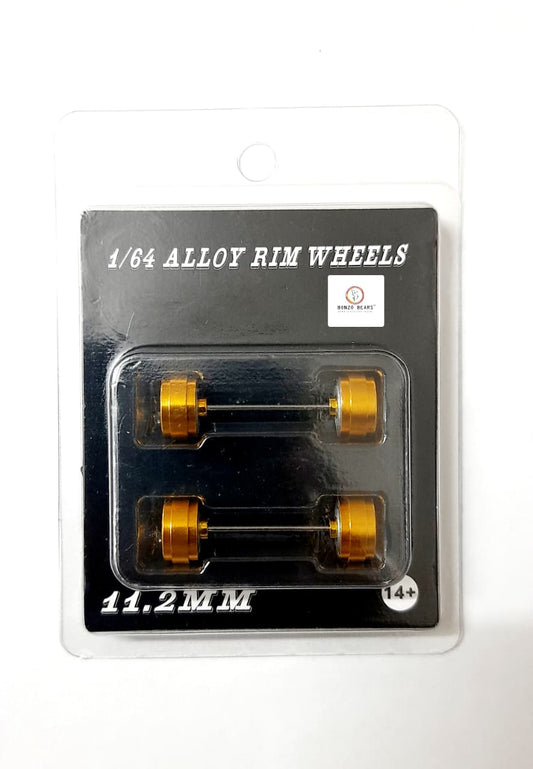 Alloy Wheels with Brake Disc -Gold Rim/Gold Chrome Multi Spoke 11.2mm/28mm for 1/64 Car with extra set of Axles (28mm)