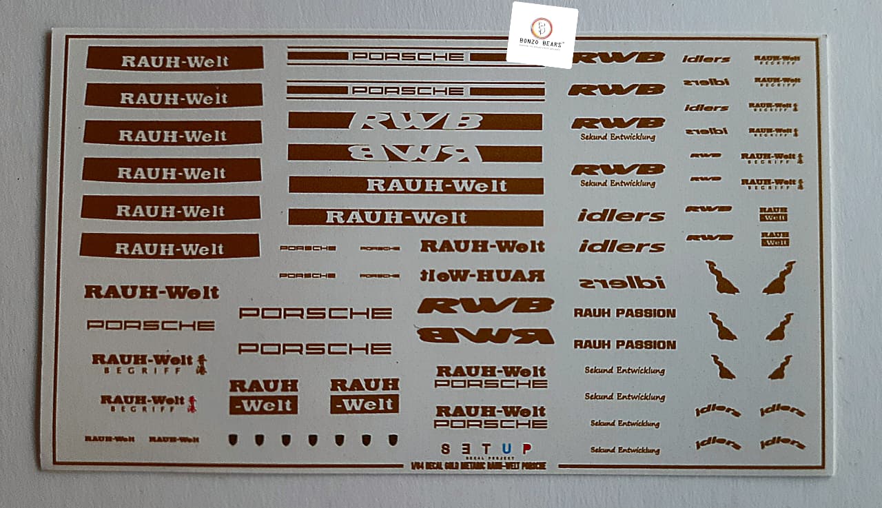RWB - RAUGH WELT Porsche -(Gold) - Water Slide Decal for 1/64 cars - Hotwheels , Tomica , Minigt & Majorette