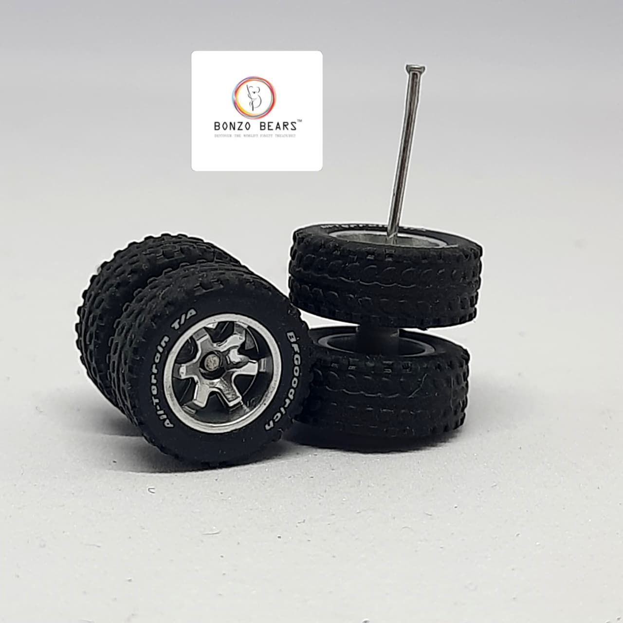 4X4 BFGoodrich All-Terrain Rubber Tyres 14mm Dia- 6 Spoked Silver Rim for 1/64 SUV Compatible