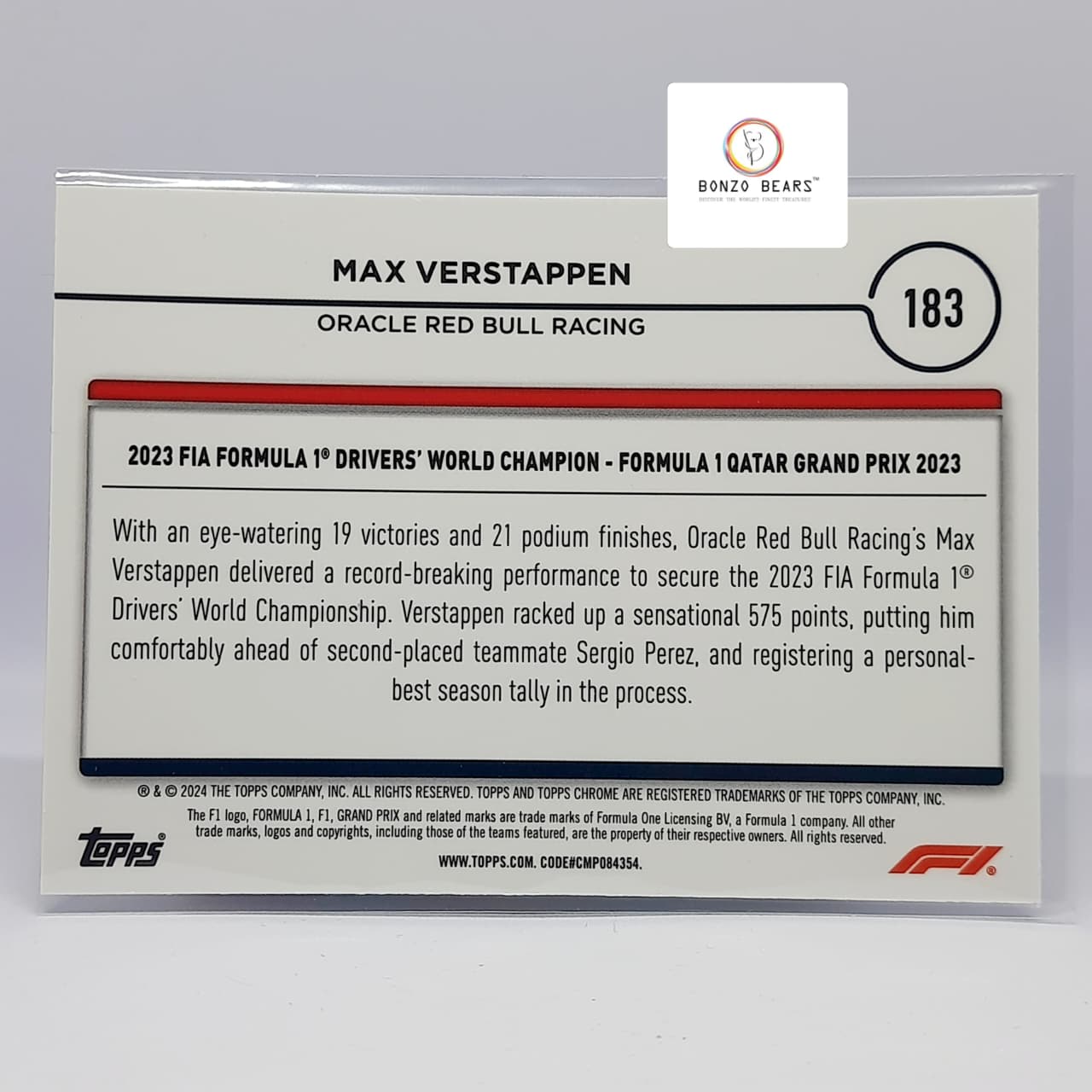 Max Verstappen(Limited Editon Numbered) - 2024 Topps Chrome F1 Award Winners Mini Diamond 224/299 - No #183 QATAR GRAND PRIX 2023| Bonzo Bears