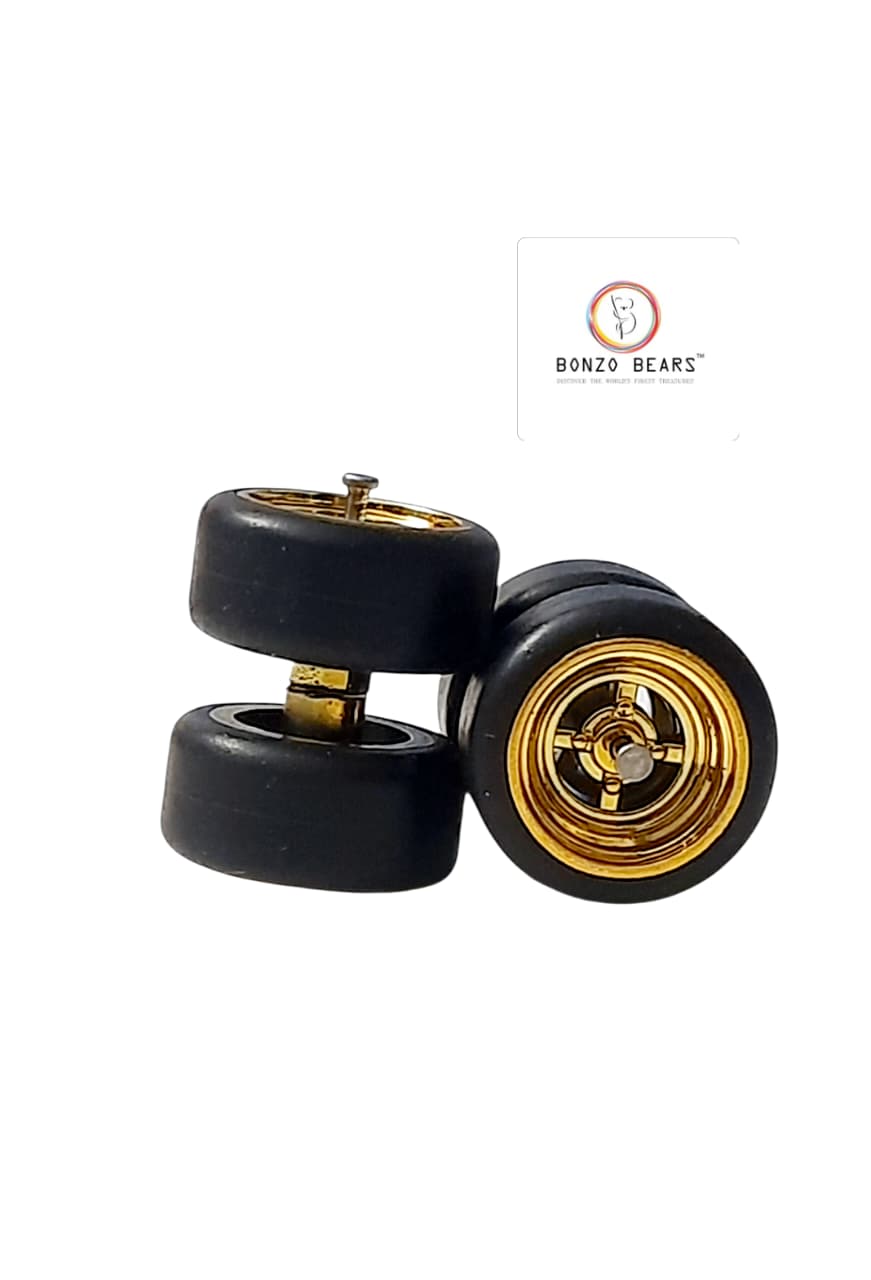10mm/10mm Gold Rims 4 spoke rubber tire Set for 1/64 Cars | Bonzo Bears