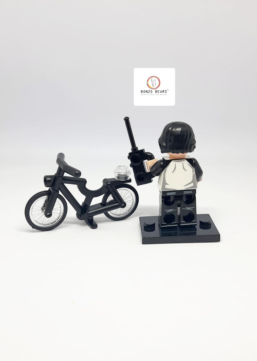 Mike Wheeler - Hellfire Club T Shirt with Black Cycle & Walkie Talkie| LEGO Compatible Mini Figure | Stranger Things