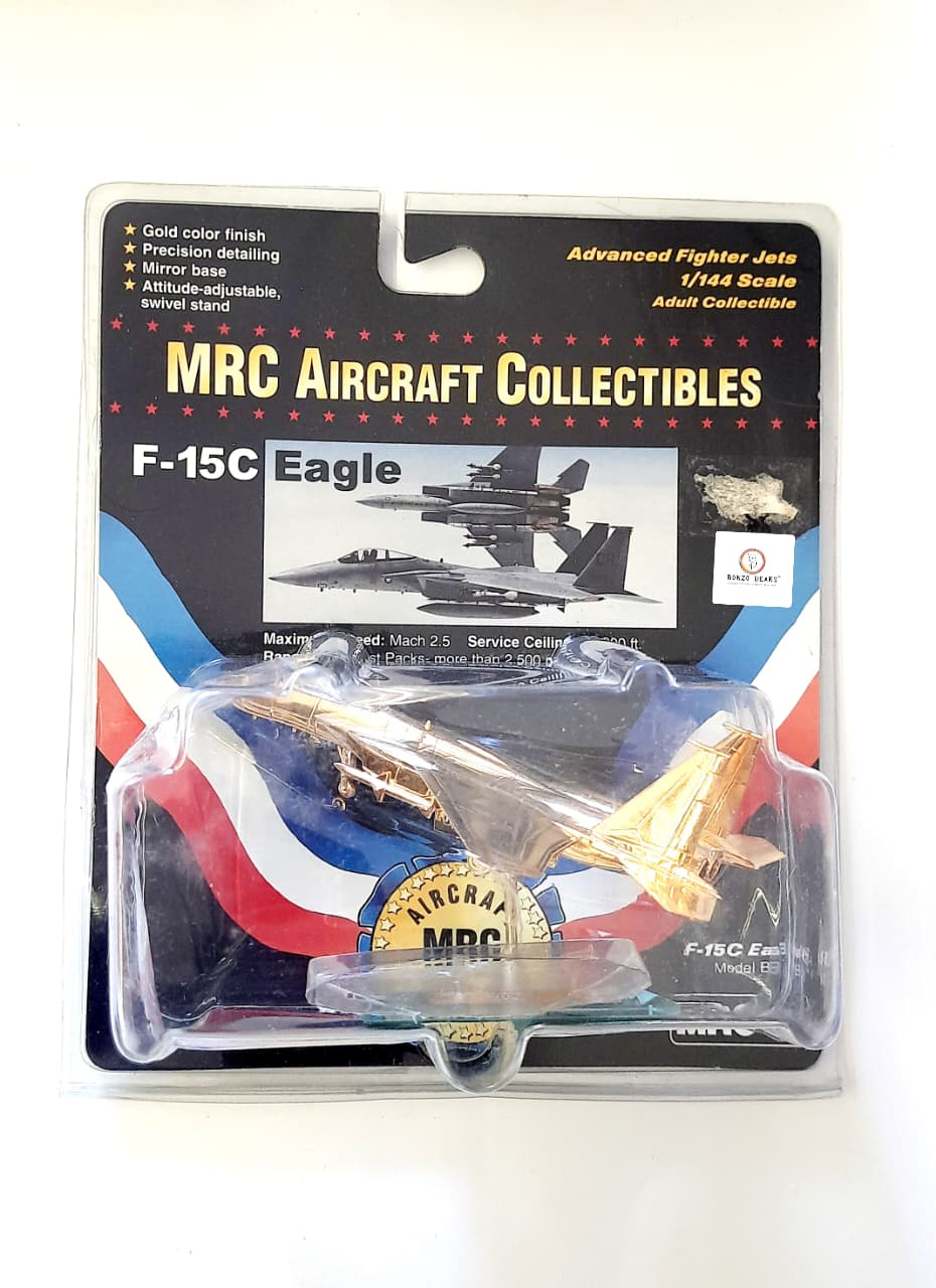 Rare F-15C Eagle (Gold Finish) Precision detailing/mirror base with Attitude-adjustable, swivel stand - MRC Aircraft Collectibles (Dented Blister)