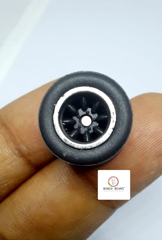 Rubber Tire - 12mm , Chrome lined Multispoked spoked Black Rim 25mm Axle