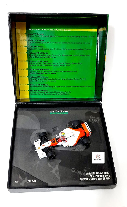 Mini Champs 1:43 McLaren MP4/8 Ford - Ayrton Senna - Winner 1993 Australian Grand Prix (41st Win)