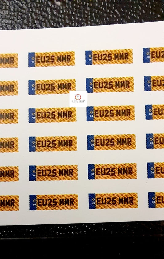 Europe Number Plate - EU25 MMR - Yellow - Waterslide Decals for 1/64 Cars| Bonzo Bears