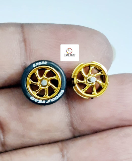Rubber Tyre - 10mm Gold Rim 7 Spoke with Goodyear Eagle, 28mm Axle Cv2