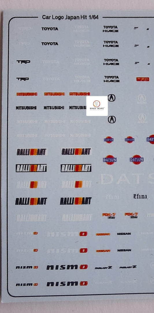 Japanese Logos - Honda , Mitshibishi, Nissan Datsun - Water Slide Decals - for 1/64 cars - Hotwheels , Tomica , Minigt & Majorette