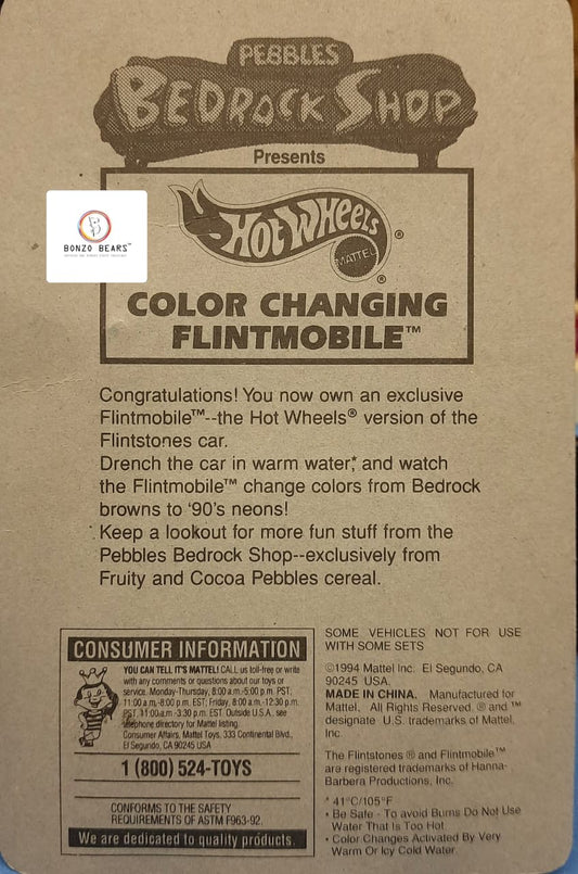 RARE COLOR CHANGING Flintstones Flintmobile (1994 release) - Hot Wheels | Bonzo Bears