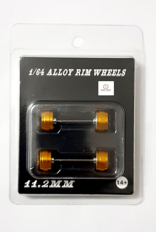 Alloy Wheels with Brake Disc  Gold Rim/Silver Chrome Multispoke 11.2mm/28mm for 1/64 Car with extra set of Axles (28mm)