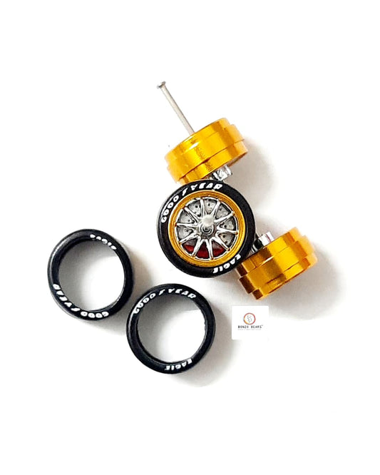 Alloy Wheels with Brake Disc  Gold Rim/Silver Chrome Multispoke 11.2mm/28mm for 1/64 Car with extra set of Axles (28mm)