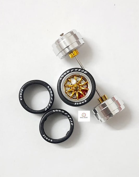 Alloy Wheels with Brake Disc Silver Chrome Rim/Gold Multispoke 11.2mm/28mm for 1/64 Car with extra set of Axles (28mm)
