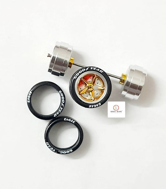 Alloy Wheels with Brake Disc Silver Rim/Gold Chrome Star 5 spoke 11.2mm/28mm for 1/64 Car with extra set of Axles (28mm)