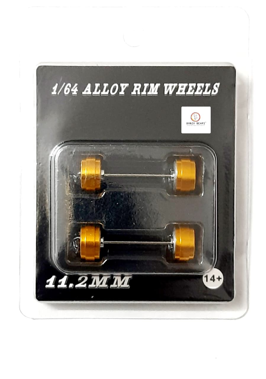Alloy Wheels with Brake Disc  Gold Rim/Silver Chrome star 5 spoke 11.2mm/28mm for 1/64 Car with extra set of Axles (28mm)