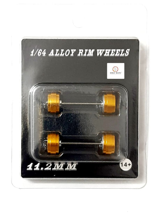 Alloy Wheels with Brake Disc  Gold Rim/Silver Chrome star 5 spoke 11.2mm/28mm for 1/64 Car with extra set of Axles (28mm)
