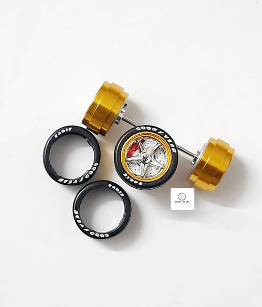 Alloy Wheels with Brake Disc  Gold Rim/Silver Chrome star 5 spoke 11.2mm/28mm for 1/64 Car with extra set of Axles (28mm)
