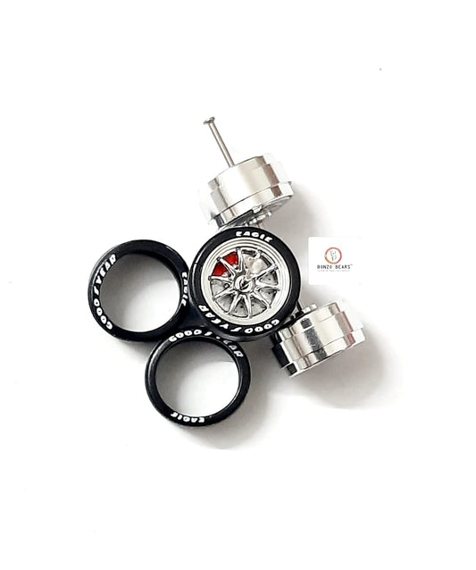 Alloy Wheels with Brake Disc Silver Rim/Chrome multi spoke 11.2mm/28mm for 1/64 Car with extra set of Axles (28mm)