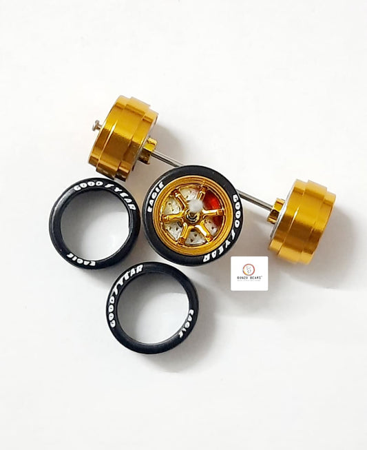 Alloy Wheels with Brake Disc  Gold Rim/Gold Chrome 6 spoke 11.2mm/28mm for 1/64 Car with extra set of Axles (28mm)