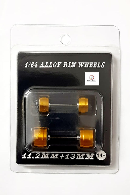 Alloy Wheels with Brake Disc Gold Rim/Silver Chrome Multispoke 11.2mm & 13mm/28mm for 1/64 Car with extra set of Axles (28mm)